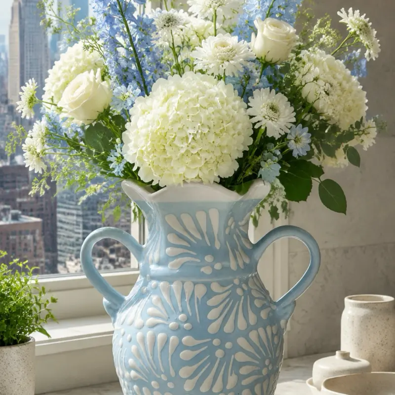 Hand Painted Blue and White Talavera Flower Vase
