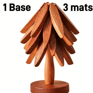 Wooden Tree Shape Potholder Suit, Containing 3 One Removable Coaster and Base, Creative Non-Slip Heat-Resistant Pad, Suitable for Kitchen Accessories, Teapot and Drink Holder-Natural and Walnut Finish (1 One)