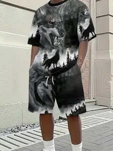 Men's 3D Digital Printed Two-Piece Set with Dark Wolf Forest Pattern, 2Pcs, Trendy Fashion Outfit, Retro Casual Two-Piece Suit, Vacation-Style Trendy Wear, Breathable Sports Casual Style, an Ideal Festival Gift for Men
