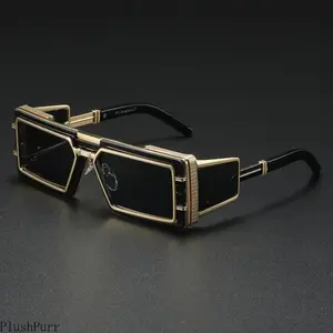 Women's Oversized Square Frame Sunglasses - Futuristic Glam Geometric Style, Black-Gold Polycarbonate-Metal Frame with Cut-Out Accents, Mirrored UV400 Lenses, Ornate Luxe Detailing, Sports & Outdoor Eyewear, Women's Sunglasses