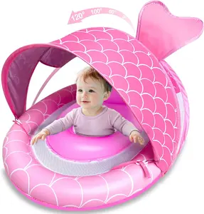 Summer Baby Float with Canopy for Age 6-36 Months, UPF50+ Sun Protection 4 Stage Adjustable Canopy Dual Air Chambers Adjustable Safety Seat Inflatable Swim Pool Float for Baby Toddler