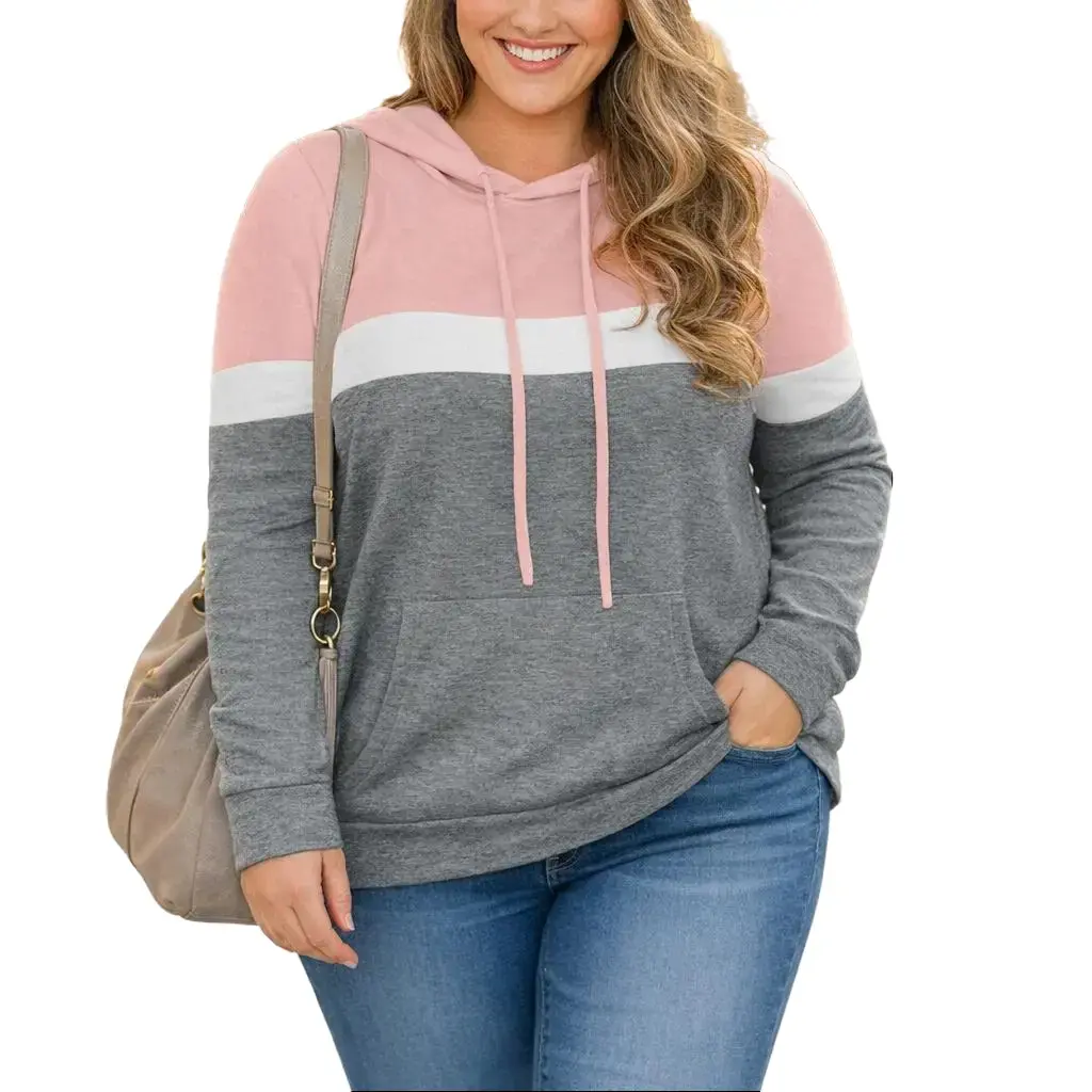 Women's Plus Size Colorblock Pullover Hoodie, Casual Long Sleeve Top with Kangaroo Pocket, Soft Comfy Fit in Stretchy Fabric, Drawstring, Oversized, Hoodies For Women, Color Block, Thanksgiving, Easter, Valentines Day, Casual Wear