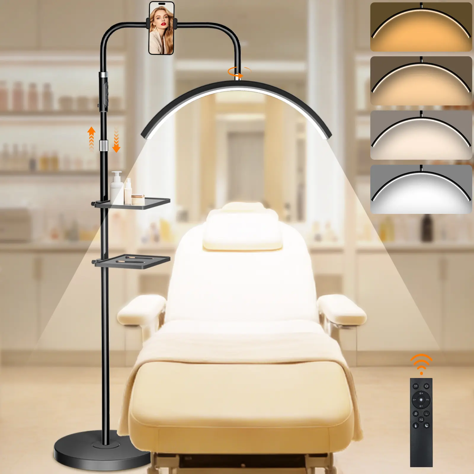 Half Moon Lash Light, 24W 1500LM Dimmable LED Floor Lamp, Height Adjustable Shadowless Lamp with 4 Color Temperature Modes, Built-in Phone Holder & 2 Storage Trays, Ideal for Lash Extension, Tattoo, Nail Art & Makeup Artists