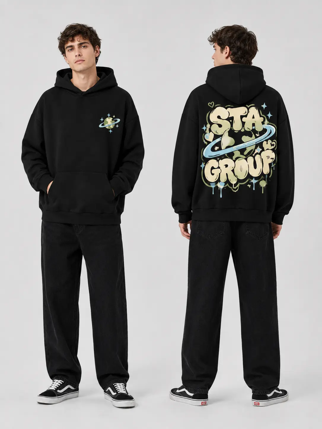 Men's Planet Graffiti Graphic Hoodie, Oversized Black Pullover Sweatshirt, Front and Back Print Y2K Streetwear Top