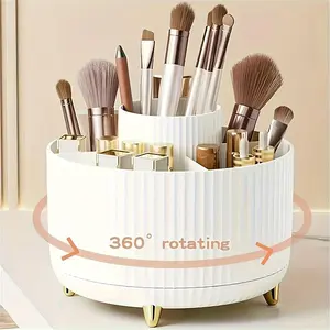 1pc 360° Rotating Makeup Organizer, Beauty Supplies Organizer - Multi-Functional Plastic Cosmetic Storage with 5 Compartments for Brushes, Lipsticks, Skin Care Products - Stripe Design Desk Caddy Beauty Organizer