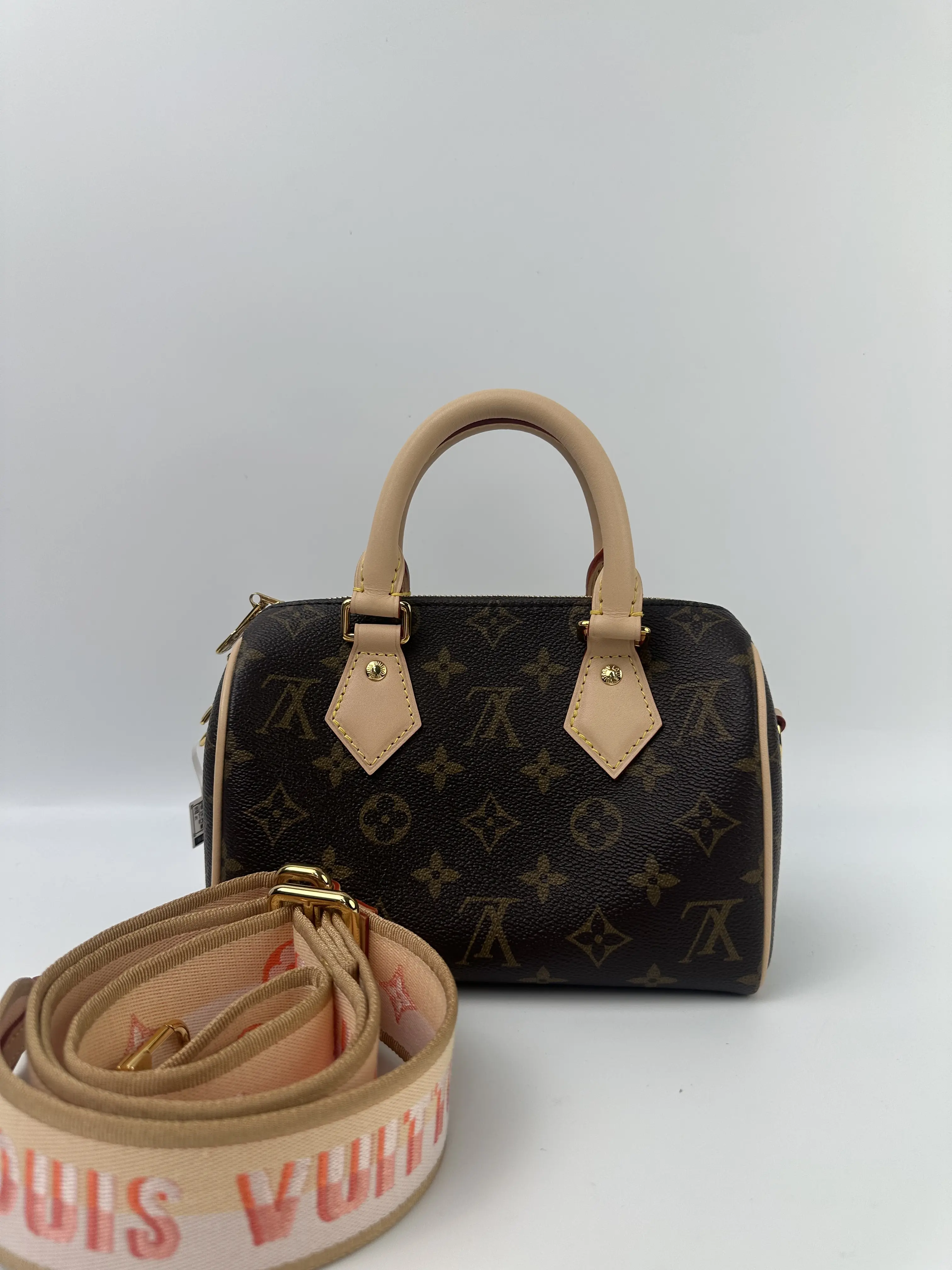 Pre-owned Louis Vuitton coated canvas handle bag LV Speedy 20 with Peach Color adjustable shoulder strap【Senza 1】【Senza 2】