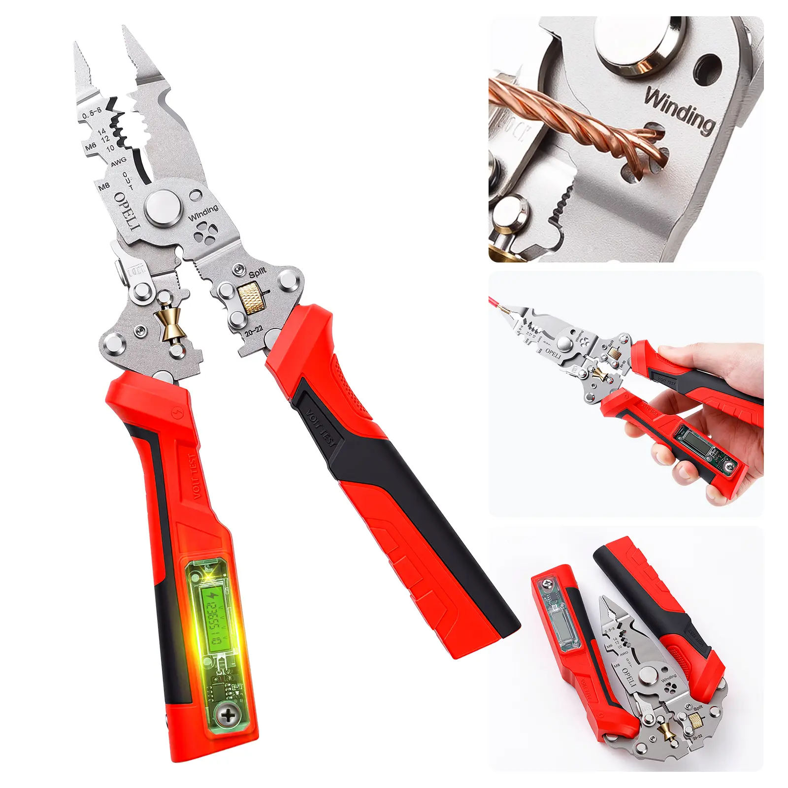 OPELI 16 in 1 Wire Stripper Twister forCutting and Pulling Wires, Voltage Tester Pliers, Cable Scissors, 12V to250V Live,Null,Hot Wire Judgment ACDC, Audible and Flashing LED Alarms