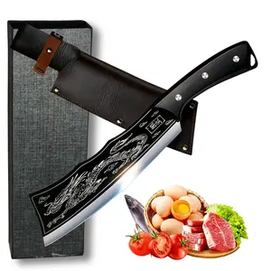 Outdoor machete Dragon knife handmade kitchen chef knife with leathercover,hand forged cutting knife for outdoor foodcooking black chopper multi-purpose camping knife kitchenwaremeat bone cleaver edc day gift box