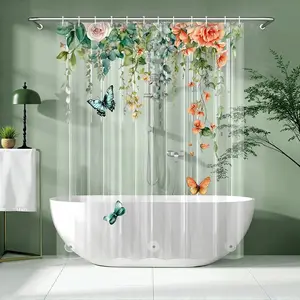 Clear Colorful Floral Shower Liner, Pretty Pink and Orange Flower Green Eucalyptus Leaf Shower Curtains for, 72x72 Weighted Shower Set with 12