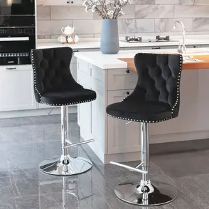 Swivel Bar Stools Set of 2, Adjustable Barstools with Back Velvet Tufted Counter Stool Modern Upholstered Bar Chairs with Nailhead for Kitchen Island Restaurant Pub Counter (Black-Silver)