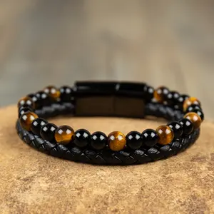 Men's Natural Tiger's Eye Black Obsidian Double Layer Braided Leather Wrap Magnetic Bracelet Clasp 8'' Bangle