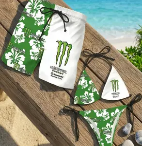 Monster Energy Matching Couple Beach Outfits - Trendy MX Racing Vibe Board Shorts & String Bikini Set - Tropical Vacation Swimwear