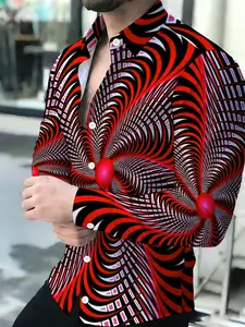 Mens Breathable Lapel Long Sleeve Cardigan Knitwear Top Menswear Red Black White Hypnotic Swirl Print Pattern
