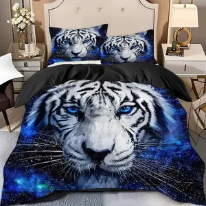 2/3 Pcs White Tiger Quilt Cover Set Under The Night Sky(1* Quilt Cover+1/2* Pillowcase,No Filling)Soft High-End Digital Printed Bedding Set, Perfect Gift For Family,Friends During The New Year Holiday!Suitable For All Year Round!Machine Washable