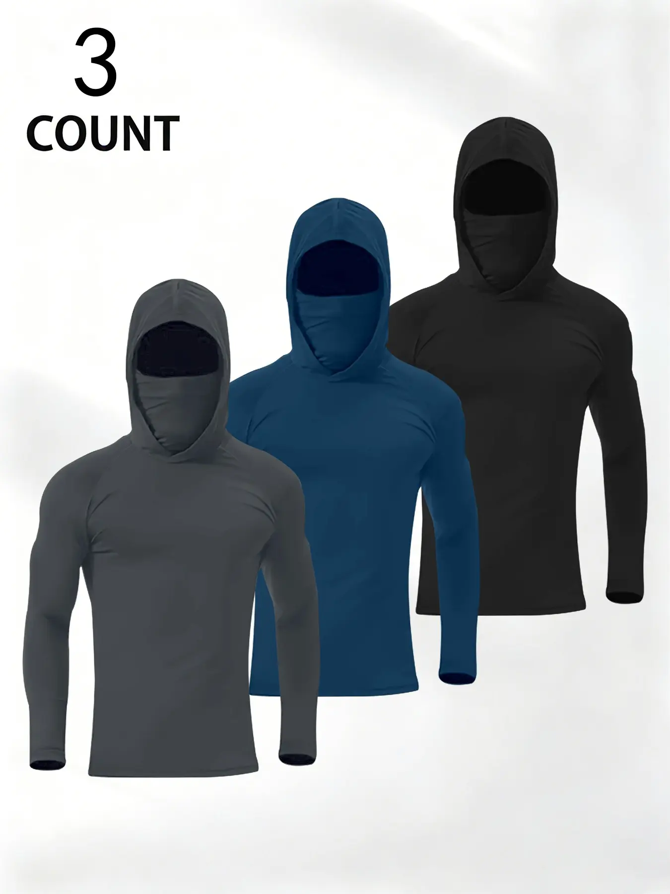 Men's 3-Pack Hooded Compression Shirts with Face Mask, Long Sleeve Tactical Workout Tops, Quick-Dry Athletic Hoodie Undershirts, High Performance Activewear, Fitness Sport Top