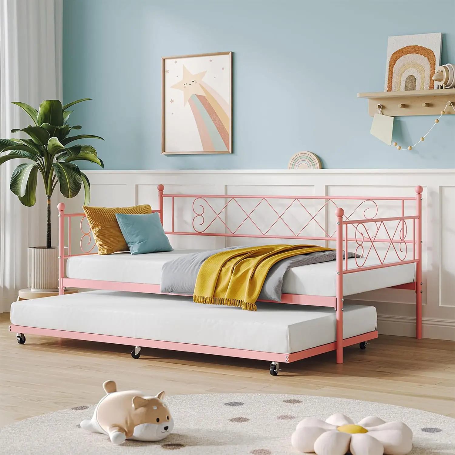 Daybed with Trundle, Twin Size Trundle Bed with Heart-Shaped Headboard Metal Sofa, Heavy-Duty Trundle Bed with Wheels, Space Saving for Bedroom Living Room Guest Room Easy Assembly - Pink