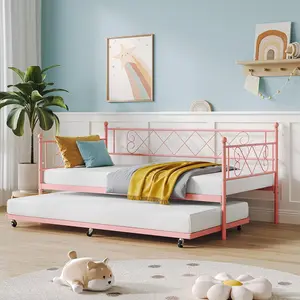 Daybed with Trundle, Twin Size Trundle Bed with Heart-Shaped Headboard Metal Sofa, Heavy-Duty Trundle Bed with Wheels, Space Saving for Bedroom Living Room Guest Room Easy Assembly - Pink