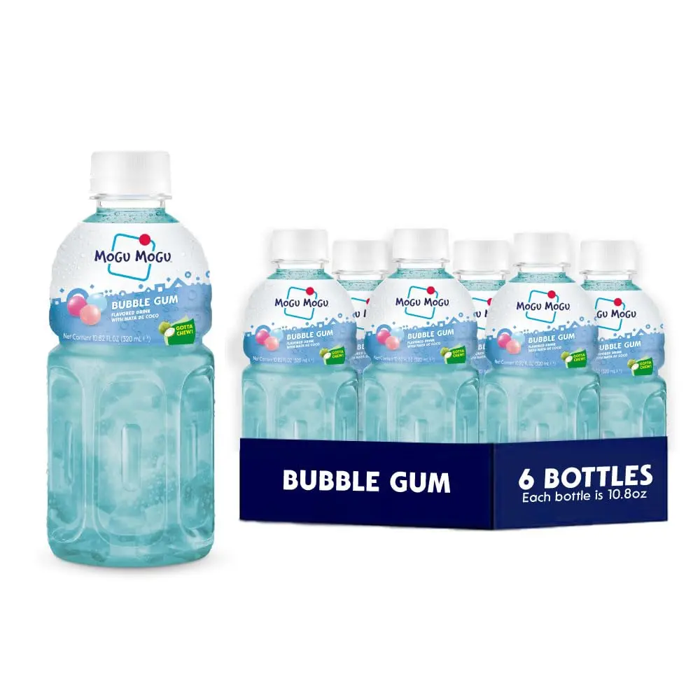 Mogu Mogu Drink Bubble Gum (6 Bottles) Delicious drinks made with nata de coco (coconut jelly). Fun chewable juice boxes for kids. Juice bottles made for adults and kids. Famous Asian drinks