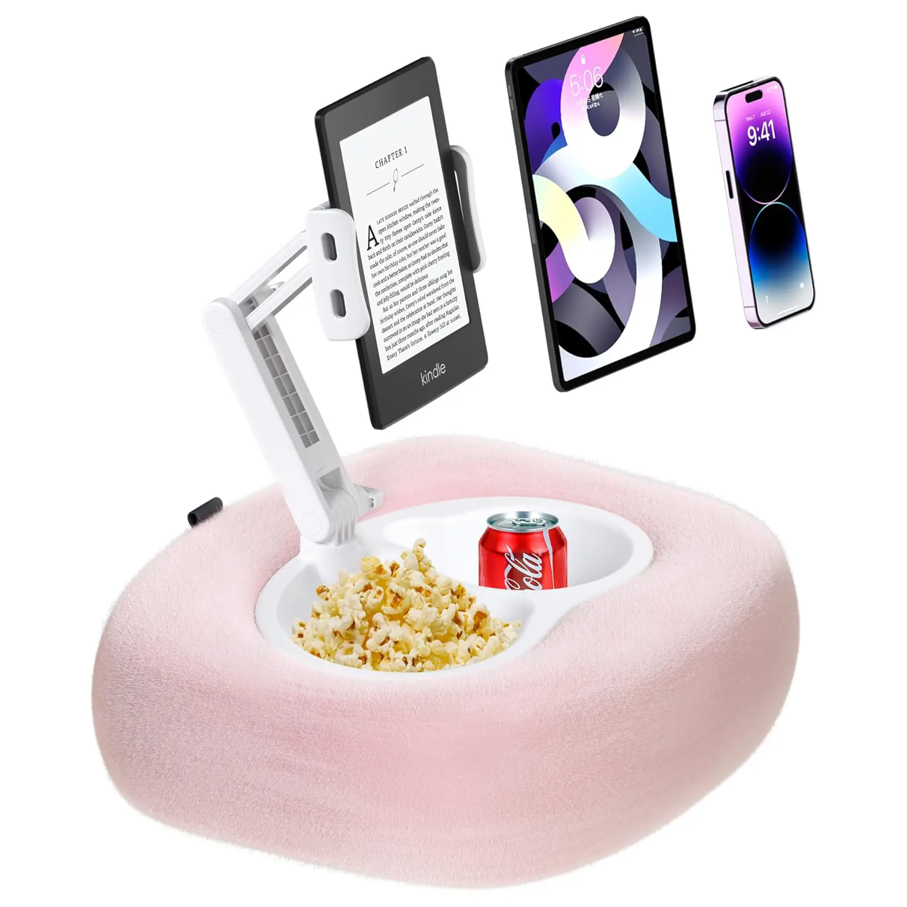 LOCTHAL Hands-Free Tablet Pillow Mount with Snack Bowl - 360° Adjustable Pivot Arms, Dual Trays, Machine Washable Plush Fabric - Portable Plastic Holder for iPad, Kindle, iPhone, Devices - Couch, Camping, Bathroom Use, Solo Snack Sessions Accessory