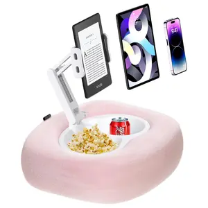 LOCTHAL Hands-Free Tablet Pillow Stand with Snack Bowl for Bed Compatible with iPad Kindle iPhone Adjustable Portable 360° Pivot Arms Dual Trays Machine Washable Cozy Plush Fabric Computer Holder Plastic Smartphone Landscape