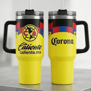 Yellow Mexico Soccer Tumbler 40oz with Handle, Stainless Steel Insulated Cup, Custom Caliente & Corona Design, Keeps Drinks Hot & Cold
