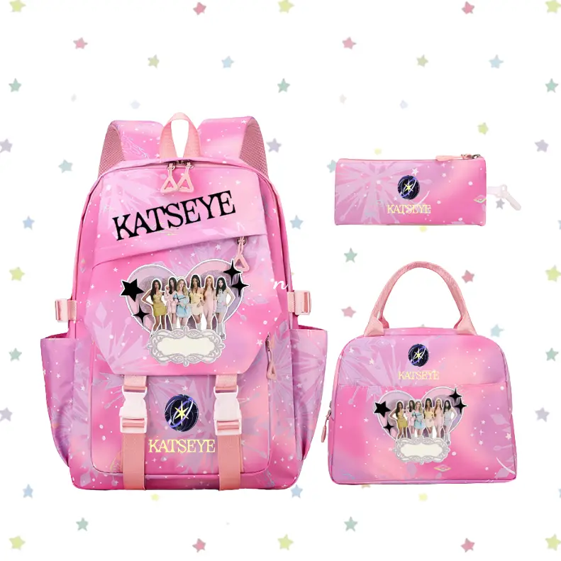 Personalized KATSEYE pink School Backpack Set | Custom Name Bookbag with Lunch Tote & Pencil Pouch