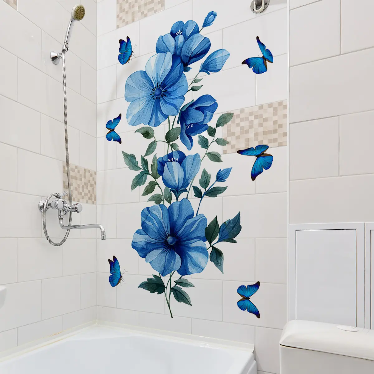 A blue-themed flower and butterfly decorative wall sticker for home decoration and beautification, self-adhesive, Self Adhesive Decal, Wall Decals Peel And Stick, M18880-YC