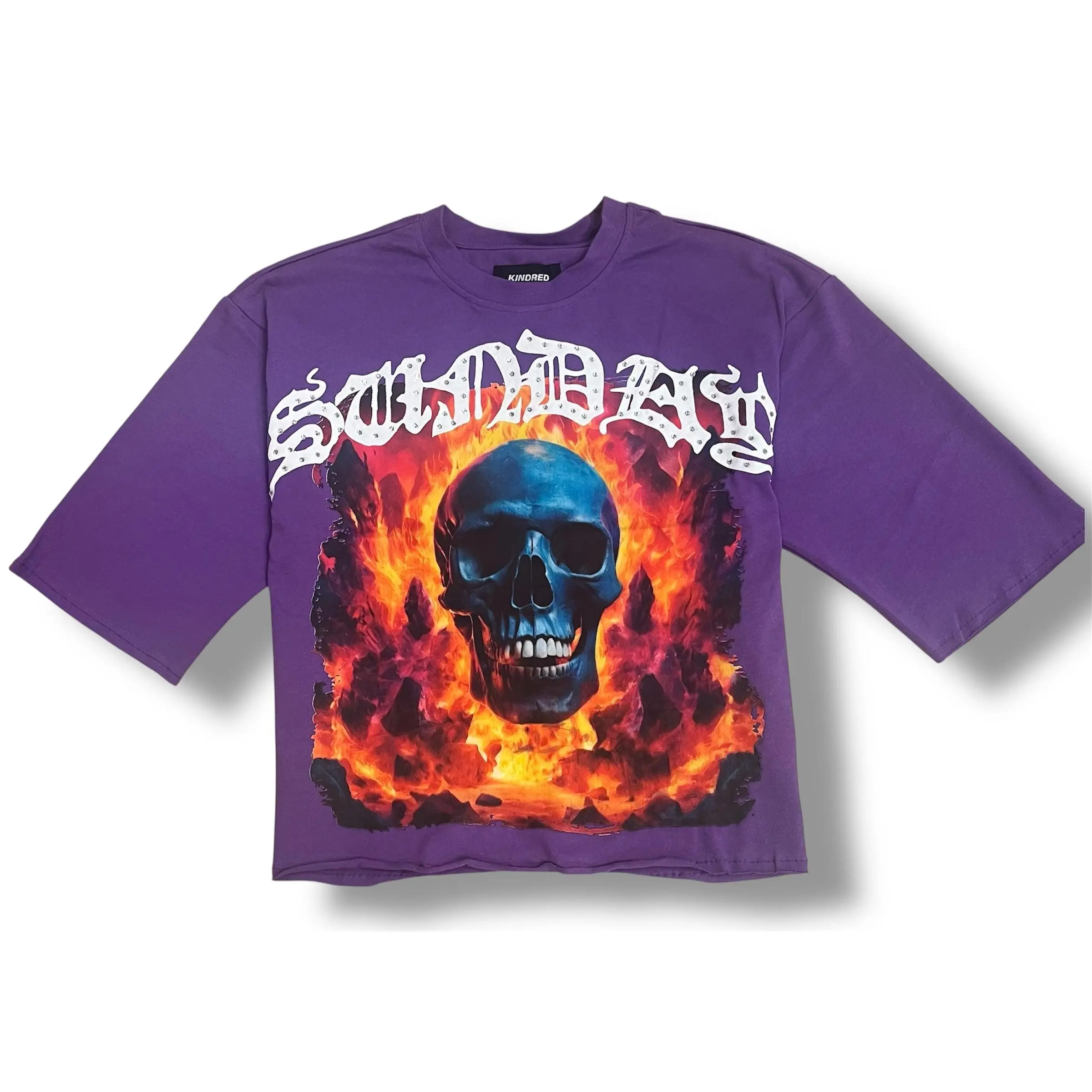 Men's Streetwear Oversized Cropped T-Shirt - Washed Purple, Round Neck Short Sleeve, 'Eternal Flames' Graphic Print with Rhinestones, Casual Menswear Top