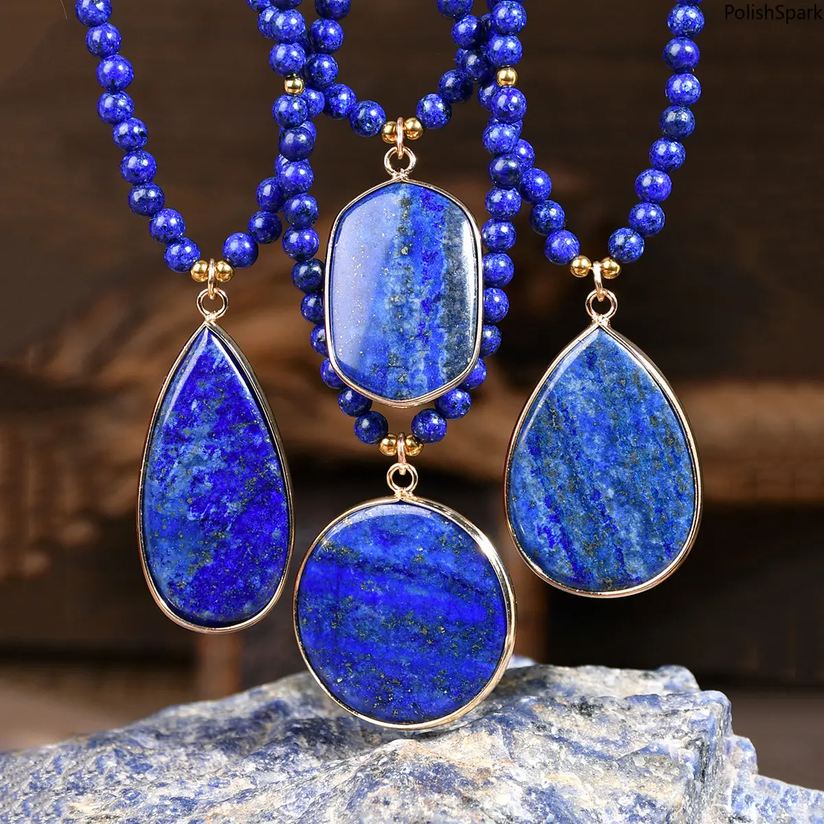 Natural Lapis Lazuli Pendant Necklace with Pendant Design, Gold-Plated Beaded Chain - Sports & Outdoor Accessory for Bohemian Wear, Healing Crystal Use summervibes,summerwins