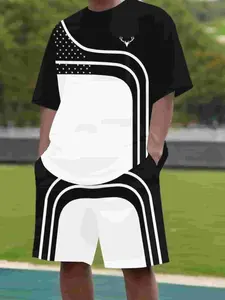 Urban Street Men's Casual Set Black-White Color Block Star Stripe Print Cool Breathable Outfit