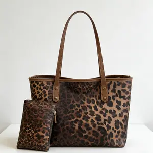Vintage Brown Leopard Tote Bag - Casual Large Shoulder Handbag with Matching Mini Pouch