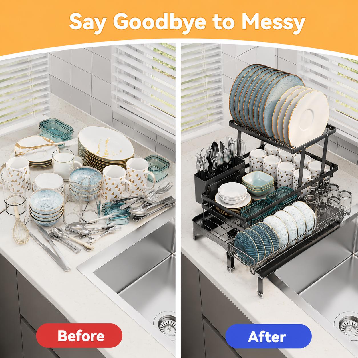 【Summer Deals】 Foldable Over Sink Dish Drying Rack  Pull-Out 2-Tier Dish Drainer with Utensil Holder  Space Saving Kitchen Organizer for Small Kitchens