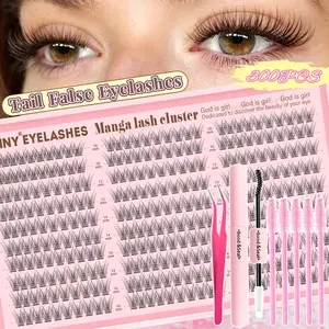 Natural Individual Eyelashes, Manga Cluster Lashes Fish Tail with Bond&Seal, Tweezer and Brush, Mixed Styles Wispy Eyelash Extensions, Natural Look Fairy Lash Clusters, D Curl, Reusable&Beginner-Friendly DIY Anime Lashes for Dramatic Curling Effect