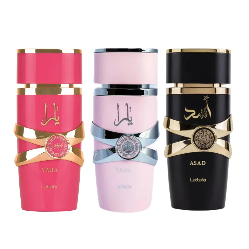 Lattafa Yara Candy + Asad + Yara 100ml (3.4oz) - Fragrance Collection Starter Pack - Gift Bundle for Men and Women Arabian Perfume Elegant Arabian Perfume
