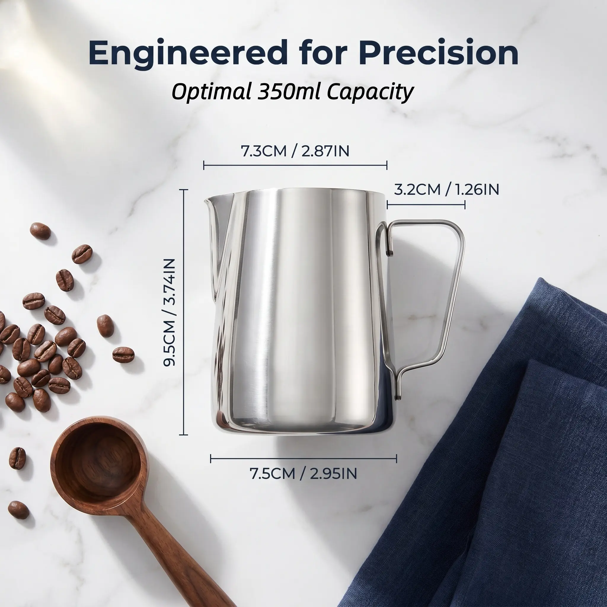 12oz (350ml) Stainless Steel Milk Frothing Pitcher with Narrow Spout, Oz & Ml Internal Markings, Ergonomic Handle, Manual Use & Lifetime Guarantee - Espresso Accessories, Coffee Making Tool for Cappuccino, Latte Art