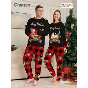 Men's Christmas Pajama Set, Long Sleeve Top & Pants, Cute Santa Claus Print, Casual Fitted Sleepwear, All Seasons Home Wear