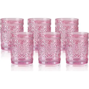 6 Pack Pink Vintage Glassware Set, 10oz Romantic Drinking Glasses, Colored Water Glasses, Pink Embossed Glass Cups for Juice, , , Iced , Soda