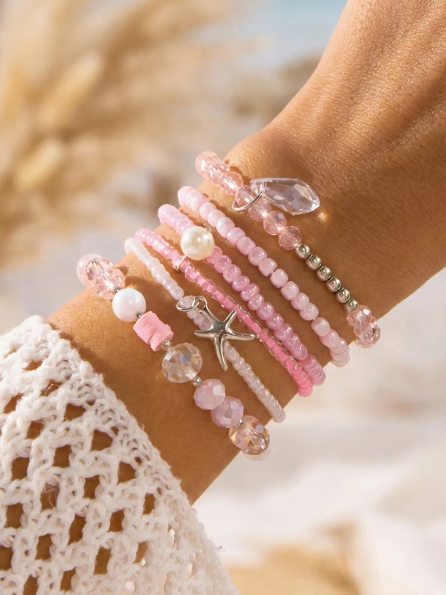 6-Piece Sweet Style Mermaid Island Vacation Bracelet Set, Soft Clay Starfish Shell Bead Jewelry, Boho Wave Design, Gentle and Elegant, Trendy Jewelry
