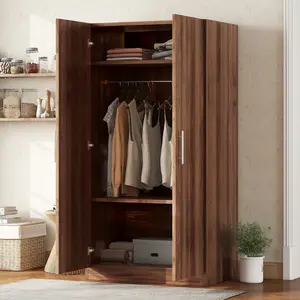 [Bellemave]2-Door Wooden Wardrobe Armoire with 3 Storage Shelves, Brown    RR