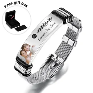 Customized Optional Photo Engraved Spotify Music Stainless Steel Love Bracelet Best Gifts DIY Bracelet Business Gifts for Couples