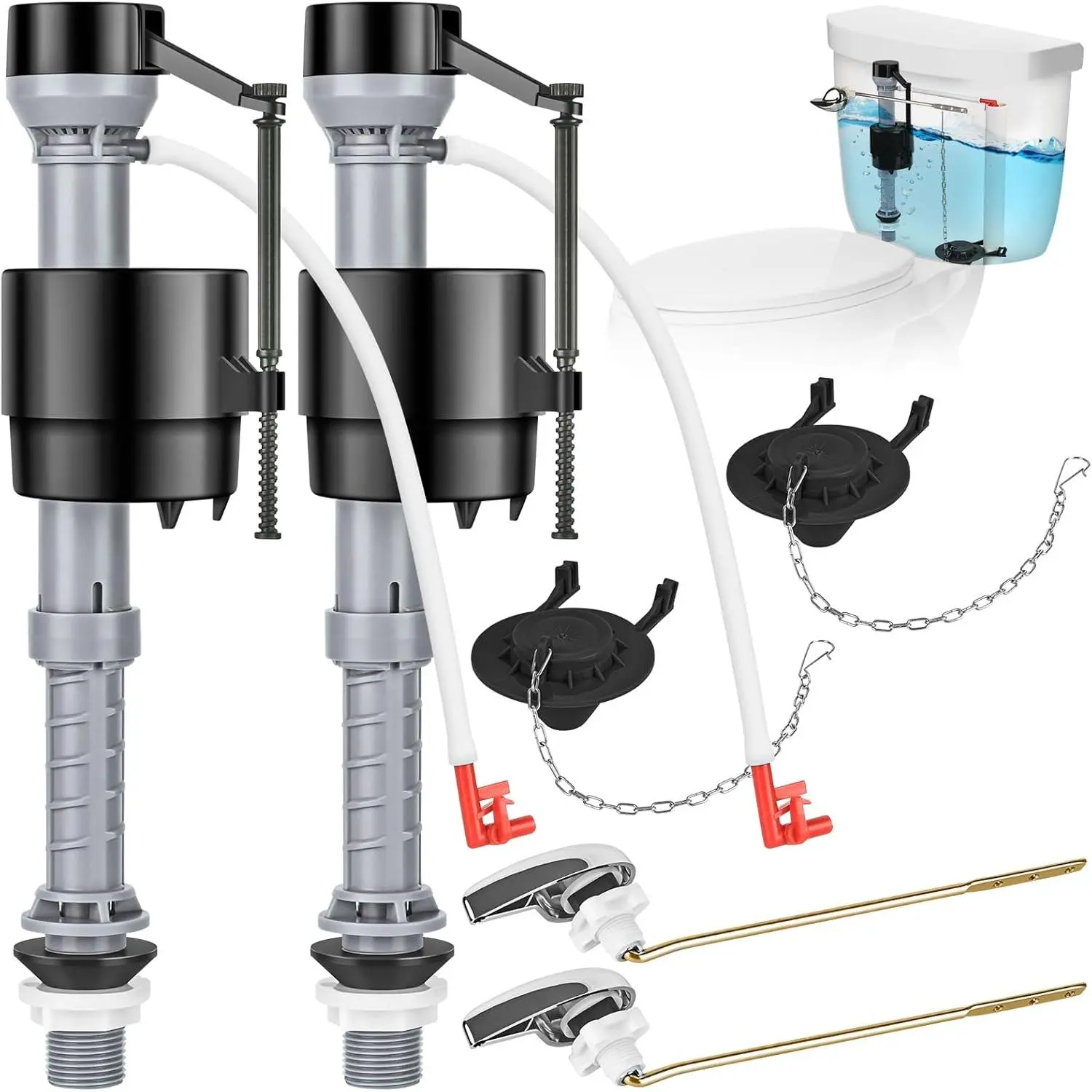 2-Pack Black Universal Toilet Tank Replacement Kit - Upgrade Design Leak-Proof Rubber Fill Valves, 2-Inch Flappers, Adjustable Height Quiet Handles, Easy-to-Install Bathroom Home Supplies for Enhanced Performance