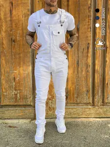1-piece men's fashionable slim-fitting jumpsuit, made of elastic denim fabric, featuring adjustable shoulder straps and pockets, workwear style suspenders, and a versatile all-season casual harem jumpsuit