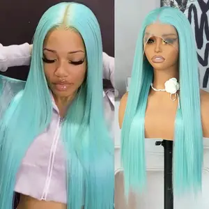 13x4 Teal Blue Lace Front Wigs Long Straight Blue Hair Ice Blue Lace Frontal Wigs 180 Density Middle Part Heat Resistant Fiber Hair Lace Front Wig For Women Baby Blue Wigs Pre Plucked Glueless Synthetic Wigs For Daily, Party, Cosplay Use 28 Inch