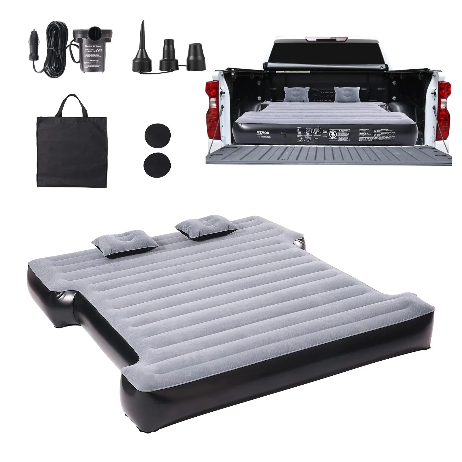 【Summerfinds】VEVOR Truck Bed Air Mattress, for 5.5-5.8 ft Full Size Short Truck Beds, Inflatable Air Mattress Camping Bed with 12V Air Pump 2 Pillows, Carry Bag, for Silverado, RAM, F Series, Sierra, Titan, Tundra
