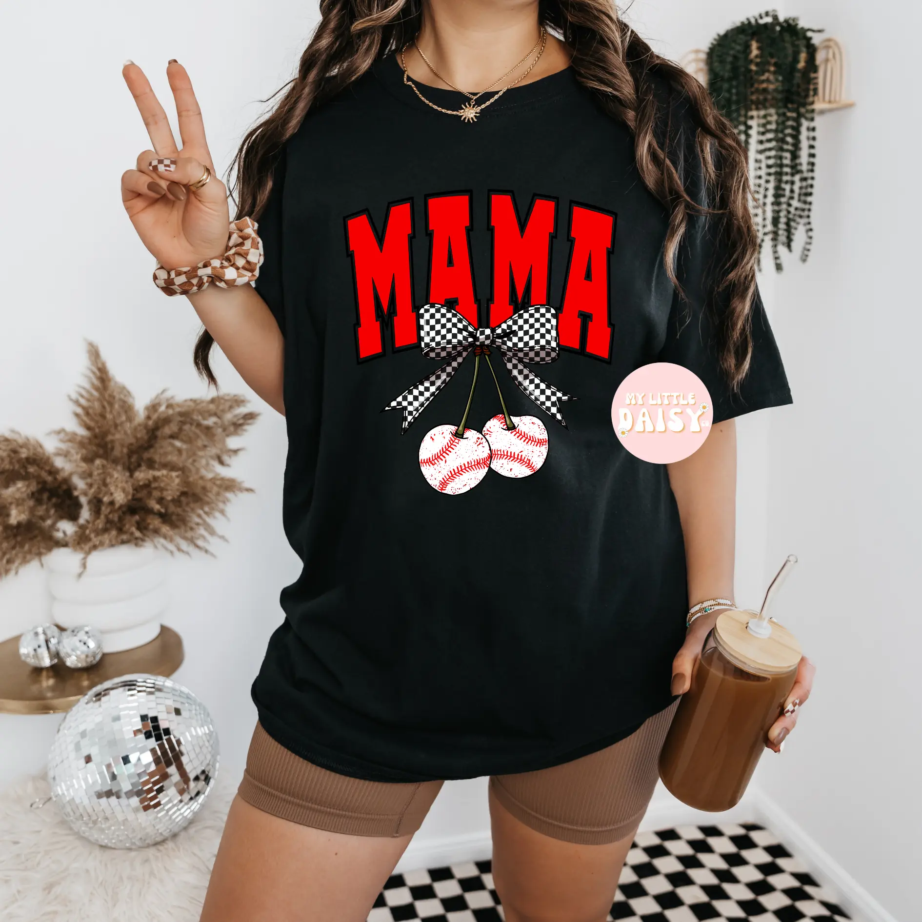 Mama baseball cherries and checkered bow shirt/sweatshirt