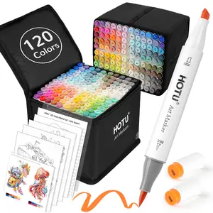 HOTU 120-Color Alcohol Markers Brush & Chisel Dual Tips Set for Artists - Soft Nylon Brush Tip, Quick-Drying Ink, Anti-Bleed Pad, Colorless Blender, Swatch Card, Sturdy Canvas Bag, fun desk supplies, pen