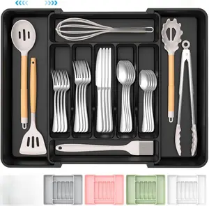 Extra Large Expandable Silverware Organizer, BPA-Free Food-Safe Cutlery Flatware Organizer, Kitchen Utensil Drawer Organizer, Adjustable Silverware Holder for Spoons Forks Knives, Black
