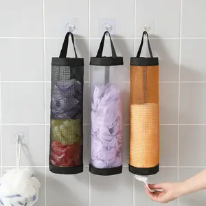 Free 2 Self-Adhesive Hooks,2 Counts Plastic Bag Storage Bag,Hanging Foldable Mesh Bag,Garbage Bag Organizer,Kitchen Storage Bag,Kitchen Organizer,Household Items. reusable plastic pouch case w vegetable fruit meat self-adhesive hook
