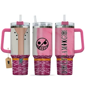 Elite Tumbler - Donquixote Doflamingo One Piece 40oz Tumbler With Handle & Straw, Anime Retro Collage Cup, Anime Inspired Travel Tumbler, Vintage webu Drinkware, otaku Fan Gift, Stainless Steel Coffee Mug, Gift for animeLovers