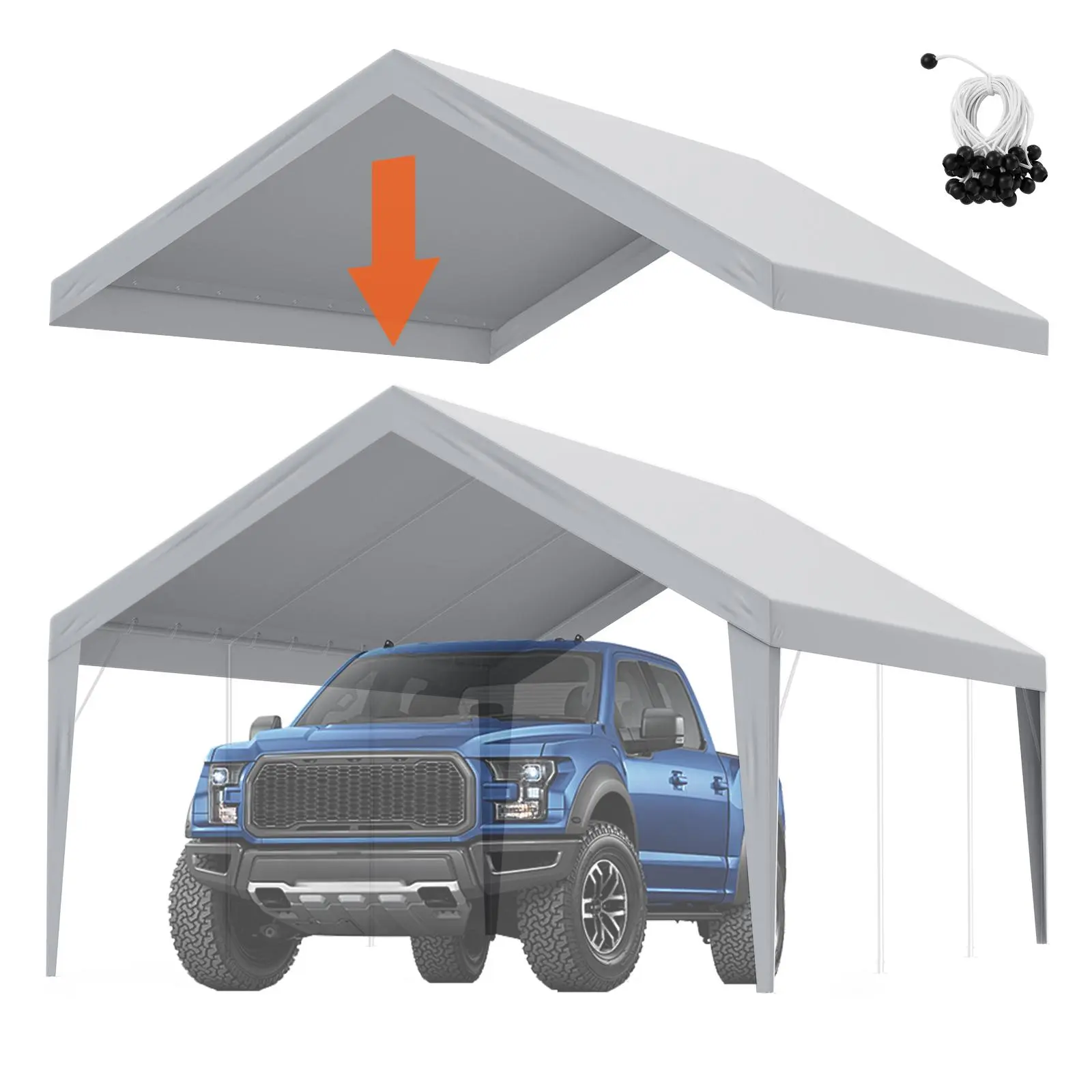 VEVOR 13'x20' Carport Replacement Canopy Top, Heavy-Duty 16x16 Thick Weave PE Fabric, Water Resistant Rain-Ready Tarp with Ball Bungees & Aluminum Grommets, Easy Installation Grey (Frame Not Included, Ideal for Weddings), Sun Shade